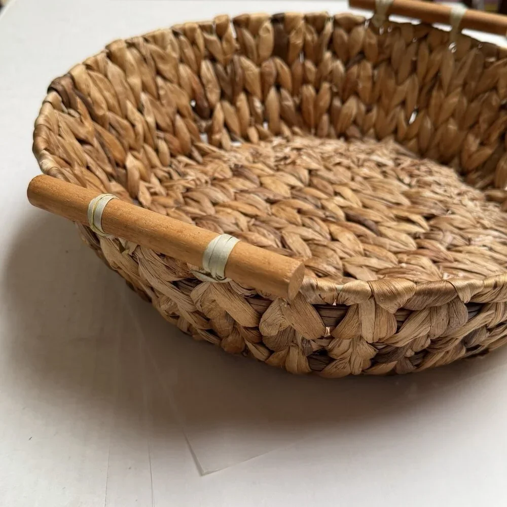 Home Living Decorative Round Woven Basket Wood Handles Desired Farmhouse Cottage